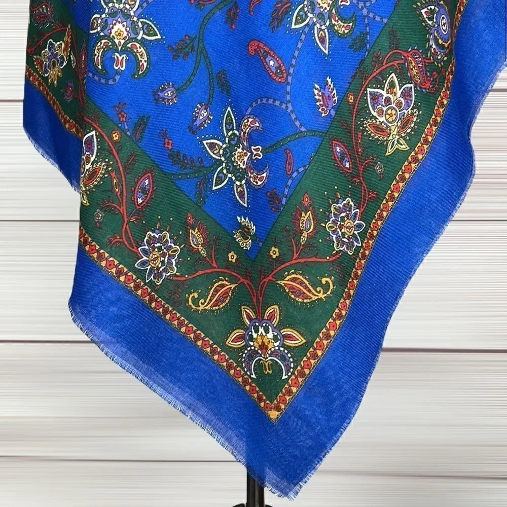 NWOT Creation Francaise Vintage Big Square Royal Blue Floral Scarf Shawl Wrap